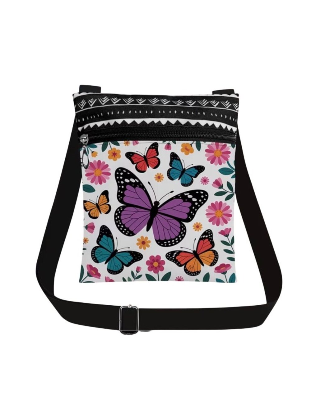 Butterfly Print Small Crossbody Purse With Adjustable Strap & Zipper Closure